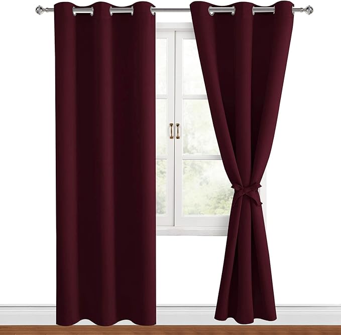 Hiasan Blackout Curtains for Bedroom, 38 x 84 Inches Long - Thermal Insulated & Light Blocking Window Curtains for Living Room Christmas Decor, 2 Drape Panels Sewn with Tiebacks, Burgundy by Hiasan