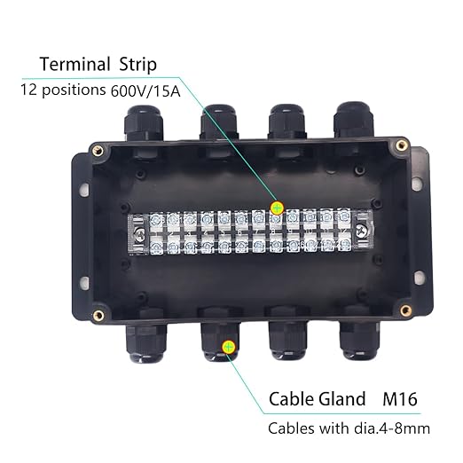 Watertight Junction Box, IP67 Waterproof Electrical Project Box with 12P 15A Barrier Terminals,5 in/5 Out Cable Glands Electronic Enclosure 6.22" x 3.54" x 2.36" - Image 2
