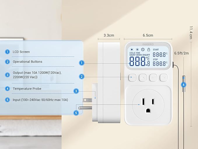 INKBIRD Digital Thermostat Outlet Temperature Controller Outlet Socket Heating/Cooling Control 1200W 10A Backlit Display - Image 9