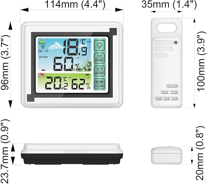 Indoor Outdoor Thermometer Hygrometer Wireless Remote Weather Stations, Humidity Monitor Battery Powered Digital Temperature Gauge with 60m/200ft Range Remote Sensor and Adjustable Backlight - Image 7