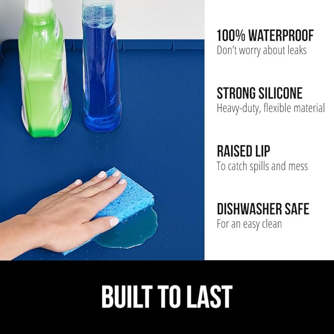 GORILLA GRIP Waterproof Silicone Under Sink Mat with Raised Lip for Kitchen and Bathroom, Cabinet Shelf Liner Stay in Place Mats Dishwasher Safe Drawer Liner, Organizer Tray, 19 x 22 in, Blue - Image 2