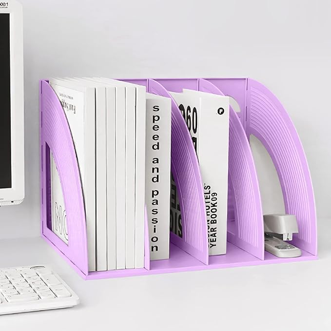SAYEEC Sturdy Magazine Holder 4 Compartments Plastic Desktop File Organizer File Dividers Office Organizer Storage Document Magaizne Rack Display Box (Purple) - Image 5