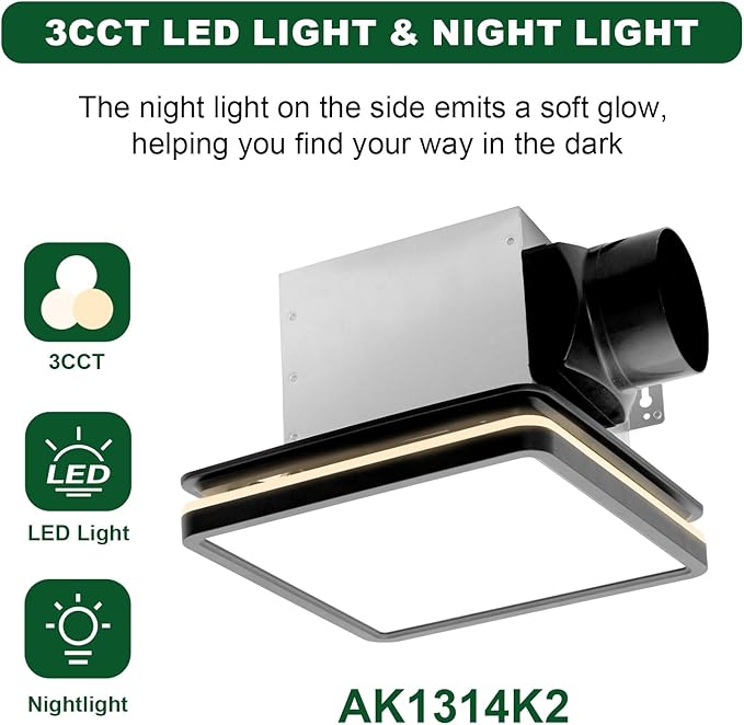 Akicon Bathroom Exhaust Fan with Light, 80CFM 2.0 Sones Exhaust Fan for Bathroom Ceiling, 15W Dimmable 3CCT LED Lights & 3.5W Nightlight Vent Fan for Home, Shower Room, Square, Black - Image 4