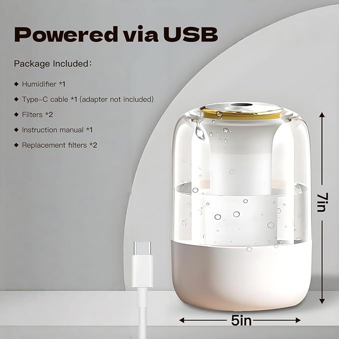 Air Humidifier for Bedroom, 2L Quiet Cool Mist Humidifier for Plants Dorm Room Office Home Car Personal Humidificador with 3 Mist Modes & Night Light - Image 3