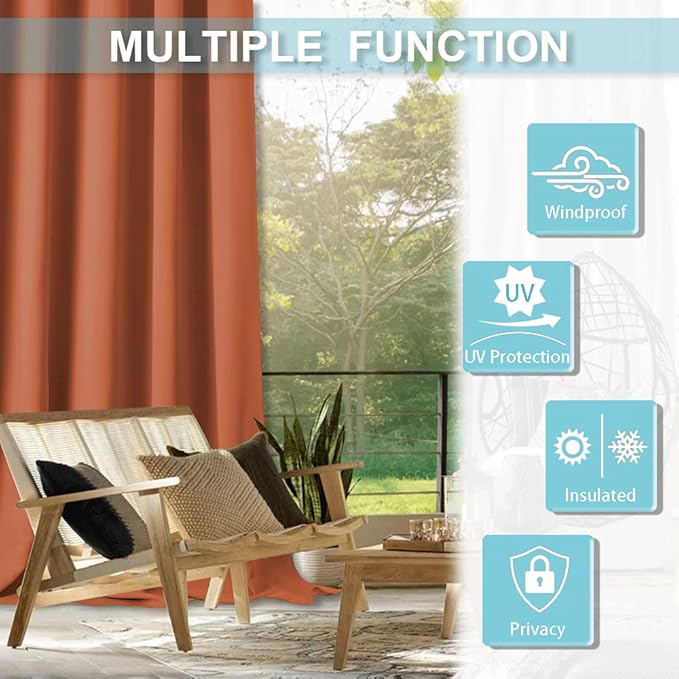 RYB HOME Outdoor Curtains for Patio Waterproof Tab Top Block Sunlight Thermal Insulated Privacy Assured Thick Outside Curtains for Porch, Pergola, Pool, W52 x L84, Mecca Red, 1 Panel - Image 7