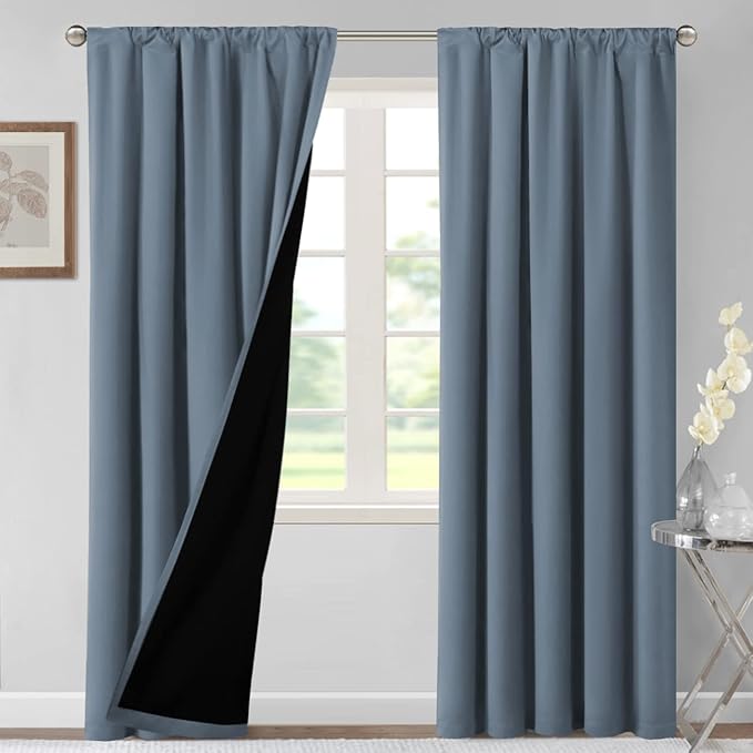 H.VERSAILTEX 100% Blackout Curtains for Bedroom Thermal Insulated Blackout Curtains 108 Inches Long Rod Pocket/Clip Rings Curtains for Living Room with Black Liner 2 Panels, Stone Blue - Image 2