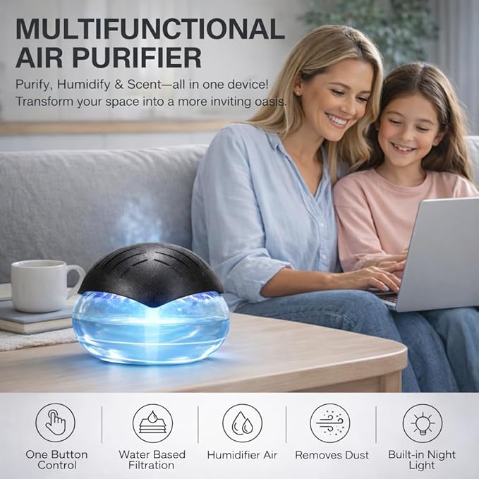 Water Air Washer for Home, Humidifier & Essential Oil Diffuser, 7-Color LED Mood Light, Auto Shut-Off, Includes 24x10ml Essential Oils Variety Set, Air Freshener for Pet & Smoke Odors, Black - Image 4