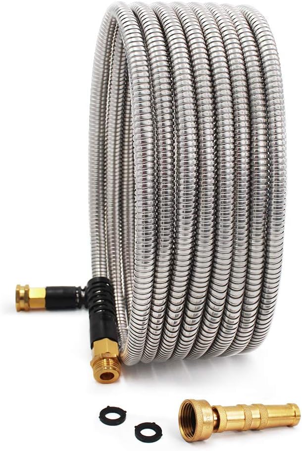 Cesun Ultra-Sturdy 25ft Metal Garden Hose - 304 Stainless Steel, Flexible & Kink-Free, UV Resistant, All-Weather, Includes High-Pressure Brass Nozzle - Ideal for Home & Outdoor Use by Cesun