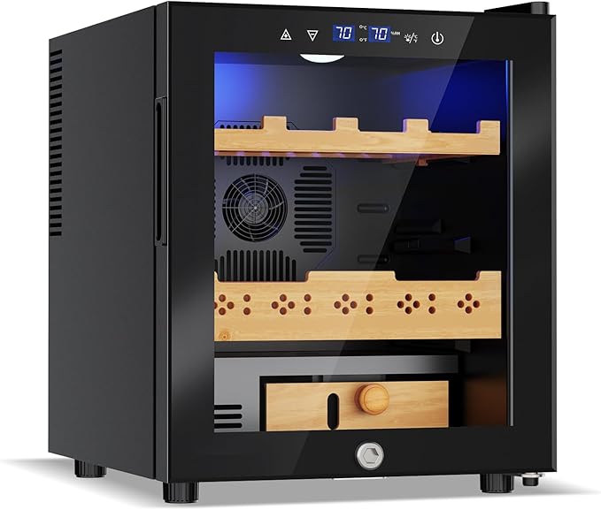 Electric Humidor-50L Cooling & Heating Humidor, Smart Touch Control Humidity & Temp Humidors wtih Spanish Cedar Wood Tray and Drawer, Digital Display, Safety Lock, Desktop Gift for Men by Velivi