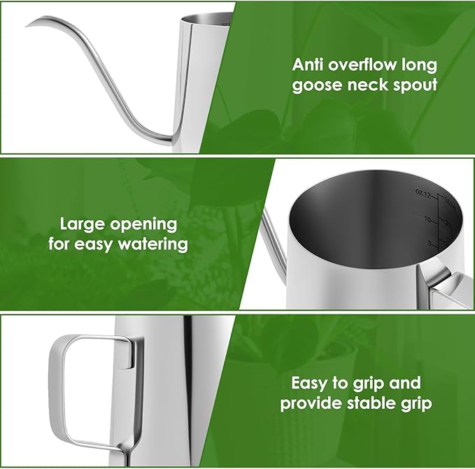 12oz/350ml Stainless Steel Plant Watering Pot,Small Watering Can for Indoor Plants,Mini Watering Can with Long Mouth & Ergonomic Handle for Indoor House Plants Flower Bonsai Outdoor Garden(Silvery) - Image 5