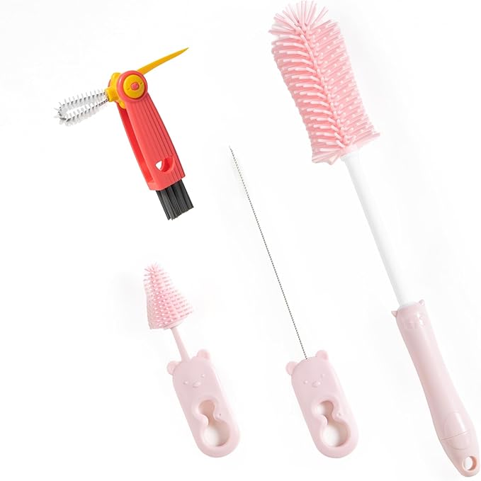 Chemimoso Silicone Bottle Cleaning Brush, 13.4in Long Handle Water Cup Bottles Cleaner for Baby Bottles, Stanley Mug, Sports Bottle, Glass Vase, with a Tiny Cup Lid Gap Cleaning Brush, z Pink by Unknown