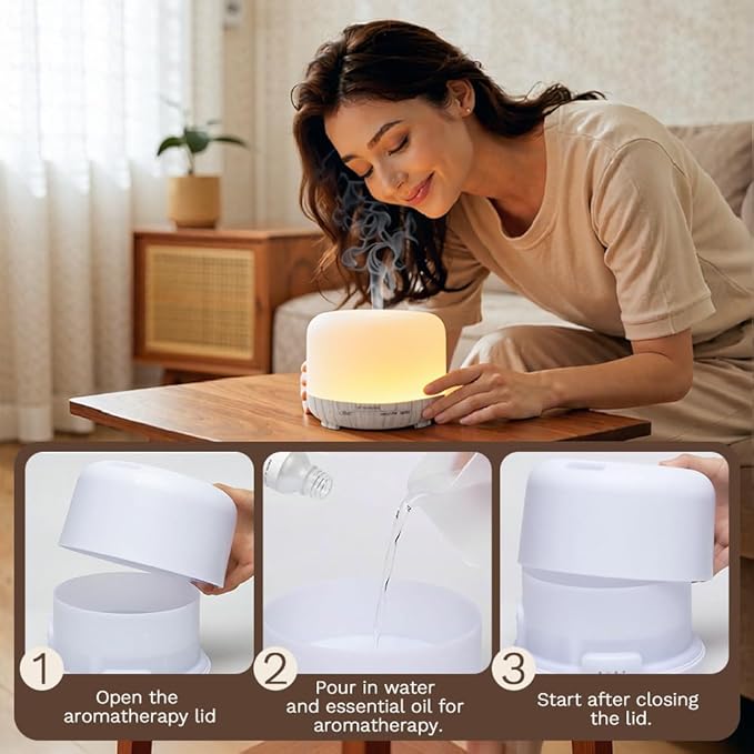 500ml Premium Essential Oil Diffuser,Quiet 4-in-1 Ultrasonic Aromatherapy Humidifier,7 Color LED Lights,with Adjustable Automatic Timer Off Function and Spray Mode. (White Woodgrain,Mini Model) - Image 8