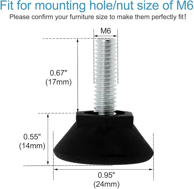 uxcell M6 x 17 x 24 Screw on Leveling Feet Adjustable Leveler Floor Protector for Machine Furniture Table Sofa Desk Leg 8 Pack - Image 2