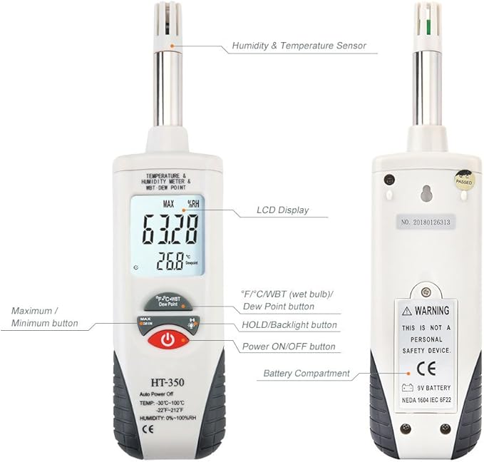 Hygro-Thermometer Psychrometer, Handheld Digital Humidity Temperature Meter with Dew Point and Wet Bulb Temperature, Dual Display Temperature & Humidity, Hti-Xintai - Image 6