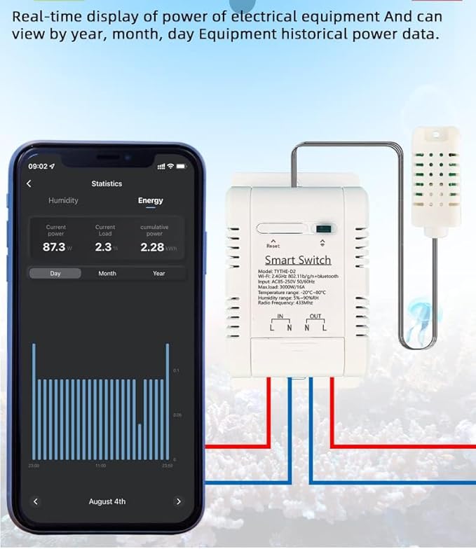 High Power Tuya 16A WiFi Temperature Humidity Controller -Wireless Remote Control with Energy Consumption Monitoring,for Greenhouse,Homebrew,Climbing Pet Breeding,Incubator,Alexa Voice Compatible - Image 4