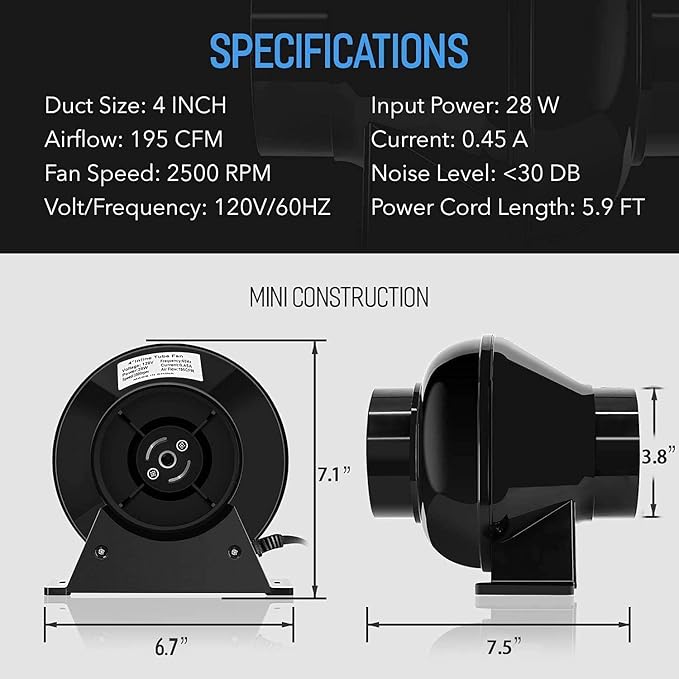 iPower 4 Inch 195 CFM Inline Fan Ventilation Exhaust Blower, Air Carbon Filter with Hook, 8 Feet Flexible Ducting, Rope Hanger, for Grow Tent Ventilation - Image 5