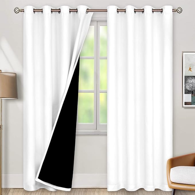 BGment Thermal Insulated 100% Blackout Curtains for Bedroom with Black Liner, Double Layer Full Room Darkening Noise Reducing Grommet Curtain (46 x 90 Inch, Pure White, 2 Panels) by BGment