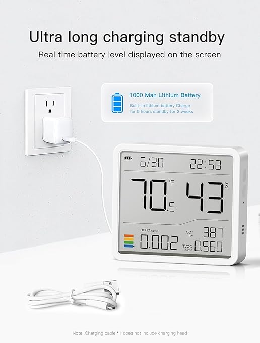 7-in-1 Air Quality Monitor Indoor, Air Analysis Apparatus, 5s Backlight Air Quality Meter for TVOC, HCHO, Temp, Hum, Temperature Humidity Monitor for Home, Office, Hotel - Image 8