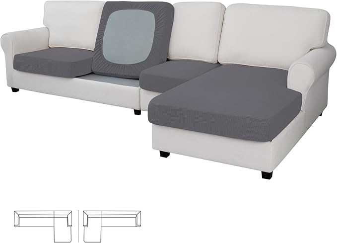 Easy-Going Stretch 4 Pieces Couch Cushion Covers for Sectional Sofa Left/Right L Shape Chaise Lounge Sofa Seat slipcover Anti-Slip Sofa Cover Soft (3 Seater + 1 Chaise, Grey) by Easy-Going