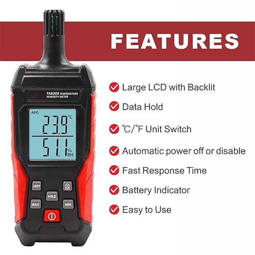 Handheld Hygrometer Temperature Humidity Meter, Digital Thermometer with Humidity Sensor for Indoor Outdoor Measuring - Large LCD Backlit, Data Hold, MIN/MAX - Image 3