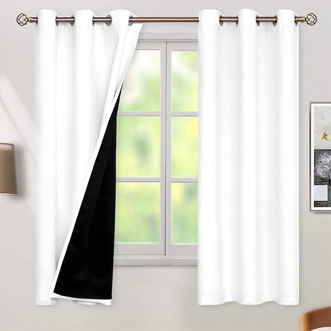 BGment Thermal Insulated 100% Blackout Curtains for Bedroom with Black Liner, Double Layer Full Room Darkening Noise Reducing Grommet Curtain (38 x 63 Inch, Pure White, 2 Panels) by BGment