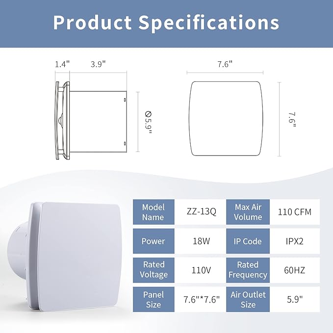 Zeyzer Exhaust Fan 110 CFM 1.0 Sones 5.9" Duct White Square Quiet Powerful Ceiling or Wall-Mount Ventilation Fan for Bathroom/Corridor/Office/Laundry Room/Shop - Image 6