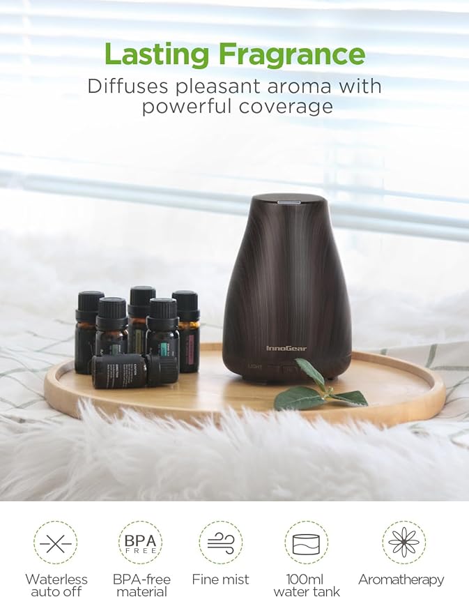 InnoGear Essential Oil Diffuser with Oils, 100ml Aromatherapy Diffuser with 6 Essential Oils Set, Aroma Cool Mist Humidifier Gift Set, Dark Wood Grain - Image 7