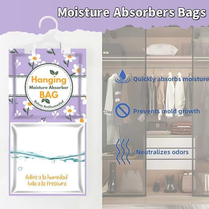 Moisture Absorbers Packets, Dehumidifier Bags, Hanging Moisture Absorber Bag, Humidity Packs,Closet Dehumidifier,Unscented Desiccant in Wardrobes, Bedrooms, Bathrooms,Kitchen (6 PACK) - Image 2