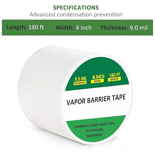 Vapor Barrier Tape, 4" x 180’ PE 9 Mil White Polyethylene Tape, Moisture Barrier Seal and Seam, Insulation Tape Waterproofing & Great for Crawl Spaces Vapor Barrier, Marine Use (1) - Image 2