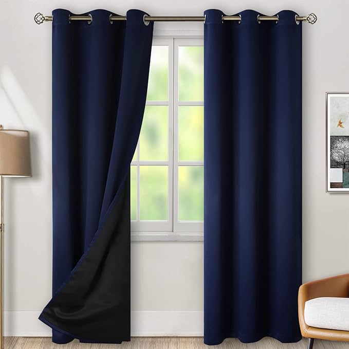 BGment Thermal Insulated 100% Blackout Curtains for Bedroom with Black Liner, Double Layer Full Room Darkening Noise Reducing Grommet Curtain (42 x 84 Inch, Navy Blue, 2 Panels) by BGment