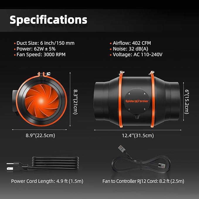 Spider Farmer 6 Inch Smart Inline Duct Fan with GGS Temperature Humidity Controller, Integrated App Control, 402 CFM Ventilation Exhaust Fan for Heating Cooling Booster, Grow Tents, Hydroponics - Image 9