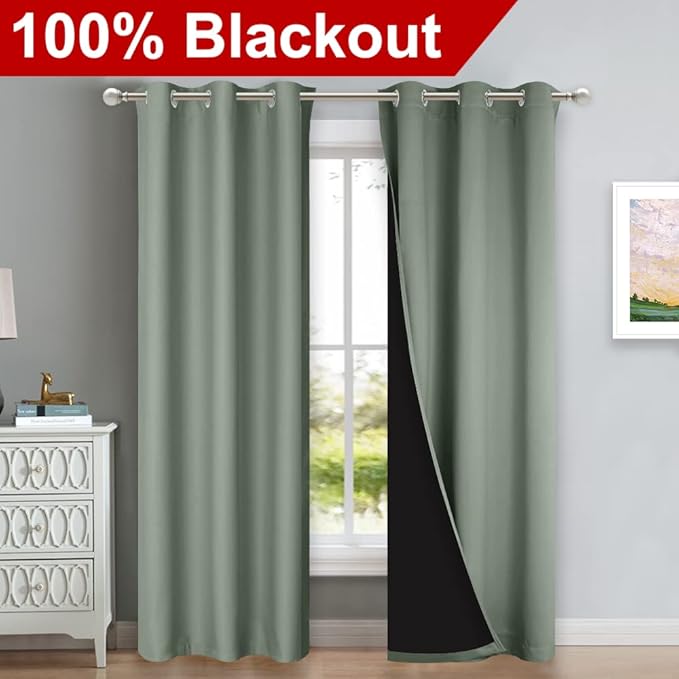 NICETOWN Greyish Green Blackout Curtains 84 inches Long, Full Light Blocking Drapes with Black Liner for Nursery, Thermal Insulated Draperies for Hall, Villa (2 Pieces, 42" Wide Each Panel) - Image 2