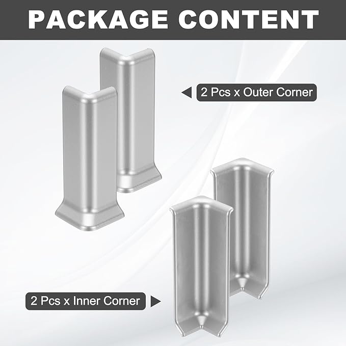 uxcell Self Adhesive Baseboard Corner Blocks, 4.07 Inch Wall Edge Corner Protector 2 Inside + 2 Outside Corners-Connector for Wall Floor Furniture Edge(Silver) - Image 3