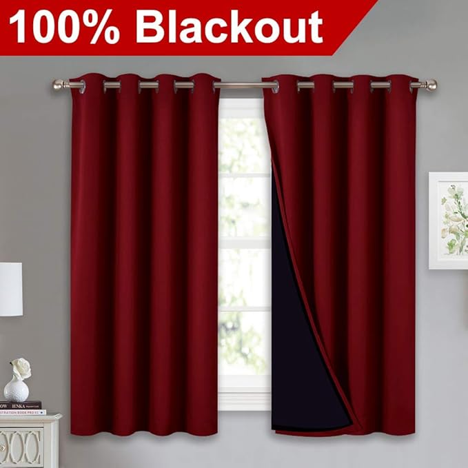 NICETOWN Kitchen Full Blackout Curtain Panels, Super Thick and Soft Insulated Window Covers, 100% Blackout Draperies with Black Backing for Cafe Window (Burgundy Red, Set of 2 PCs, 52 by 54-inch) - Image 2
