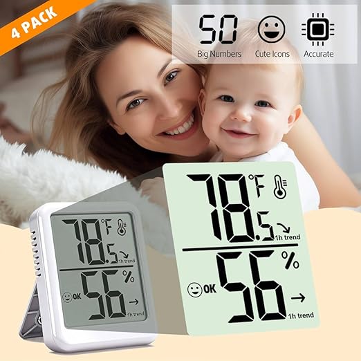 4-Pack Room Thermometer Indoor Hygrometer, Small Digital Temperature and Humidity Monitor Sensor, Temperature Humidity Gauge Meter for Home Baby Room, Plants, Pets - AAA Battery Included - Image 4