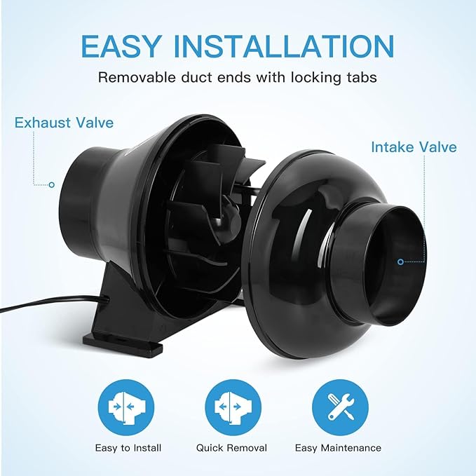 iPower 4 Inch 195 CFM Inline Fan Upgrade, Air Carbon Filter, 8 Feet Flexible Ducting and Rope Hanger, Ventilation Exhaust Blower Kits for Grow Tent, HVAC Heating Cooling - Image 4