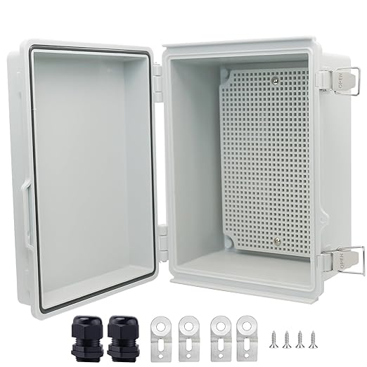 Waterproof Junction Box, ABS Plastic Electrical Box with Stainless Steel Latch, Hinged Cover Electric Project Enclosure Box with Mounting Plate, Wall Brackets & Cable Gland 8.7"x6.7"x4.3" by LuSumtly