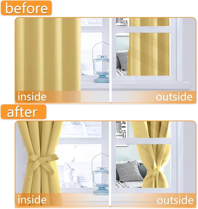 Hiasan Blackout Curtains for Bedroom - Thermal Insulated & Energy Saving Window Curtains for Living Room, 2 Drape Panels Sewn with Tiebacks, Light Yellow, 42 x 54 Inch - Image 5