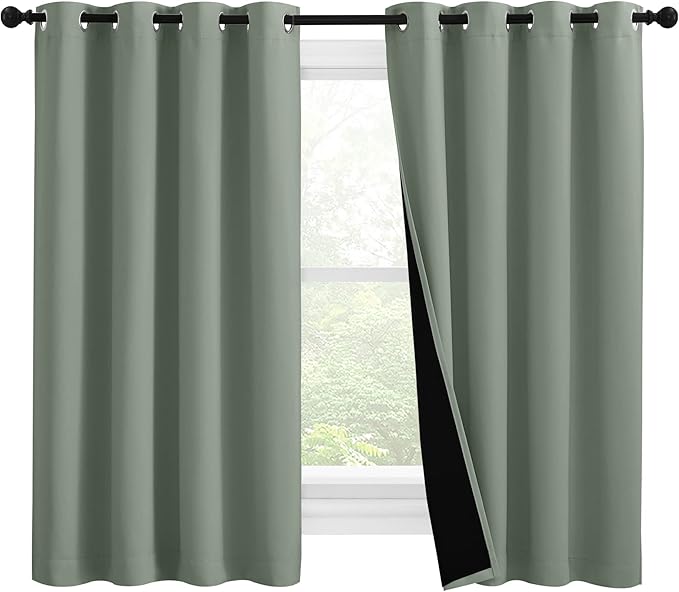 NICETOWN 100% Blackout Curtains 57 inches Long, Double-Deck Completely Blackout Window Treatment Thermal Insulated Lined Drapes for Small Window (Greyish Green, 1 Pair, 55 inches Width Each Panel) by NICETOWN