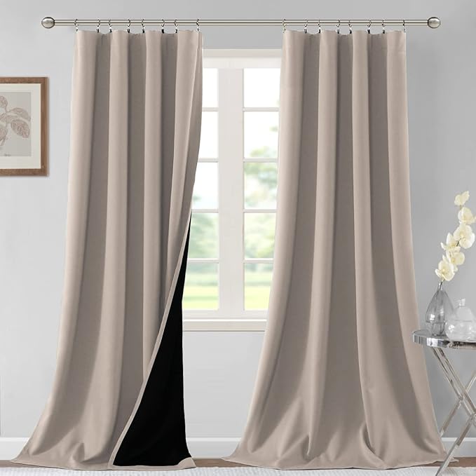 H.VERSAILTEX 100% Blackout Curtains for Bedroom Thermal Insulated Blackout Curtains 96 Inches Long Rod Pocket/Clip Rings Curtains for Living Room with Black Liner 2 Panels, Natural Sand by HVERSAILTEX