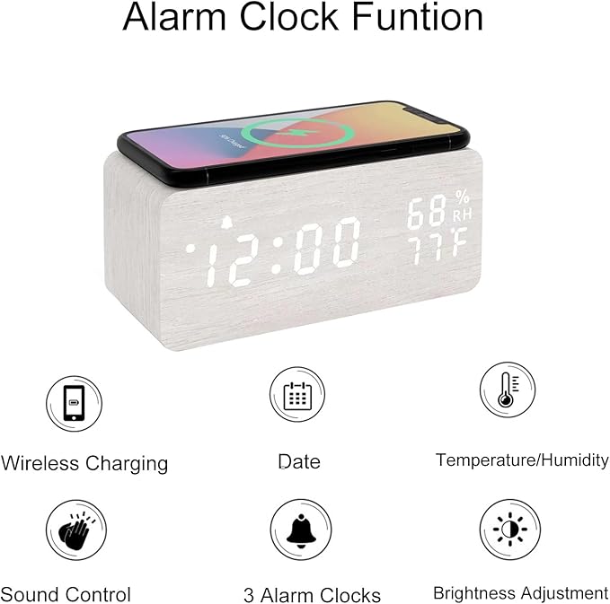 Lancoon Wooden LED Alarm Clock with Wireless Charging Temperature and Humidity Display Calendar Adjustable Brightness Sound Control for Bedroom Home Office (White) - Image 3