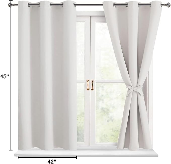 Hiasan Short Blackout Curtains for Bedroom - Thermal Insulated & Light Blocking Window Curtains for Living Room/Kids Room, 2 Drape Panels Sewn with Tiebacks, Ivory, 42 x 45 Inch - Image 7