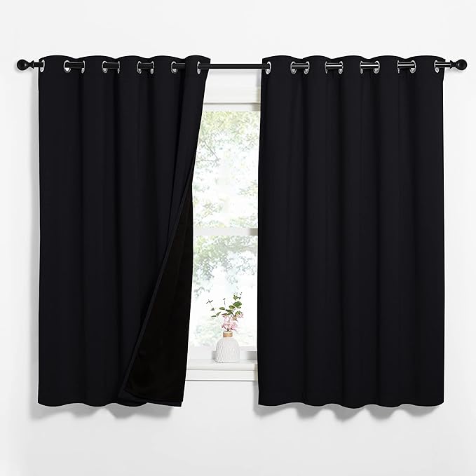 NICETOWN Complete 100% Blackout Curtains, Thermal Insulated & Energy Efficiency Window Draperies with Black Liner, Noise Reducing Short Curtains for Kids Room (Black, 62-inch W by 63-inch L, 2 Panels) by NICETOWN