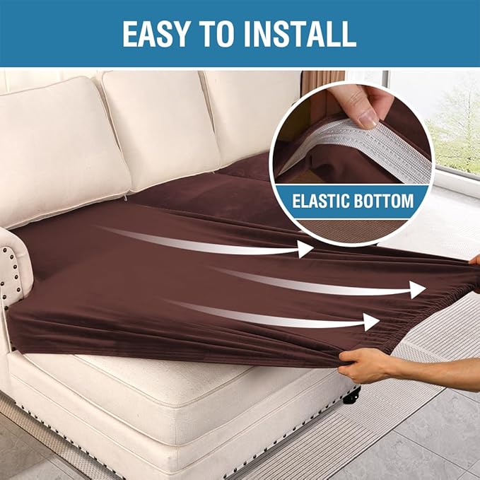 H.VERSAILTEX Velvet Stretch Sectional Couch Covers 3 Pieces Sofa Seat Cushion Covers L Shape Separate Cushion Couch Cover for Both Left/Right Sectional Couch (Large Sofa 2 Seater + 1 Chaise, Brown) - Image 4