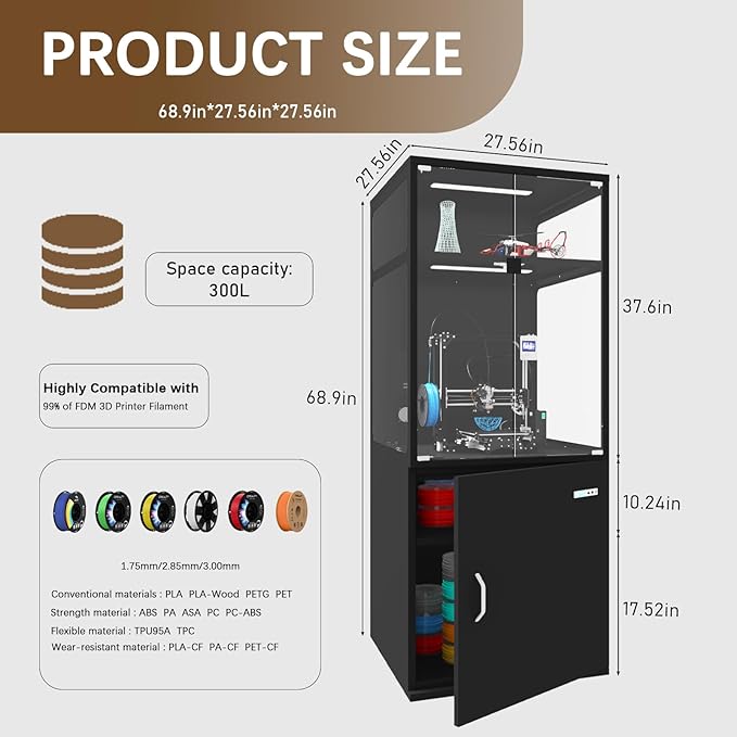 400L 3D Printer Cabinet with Filament Storage, Built-in Dehumidifier & Ventilation System – Humidity Control for Filaments，Odor-Free Workspace, and LED Showcase(400LBlack) - Image 3