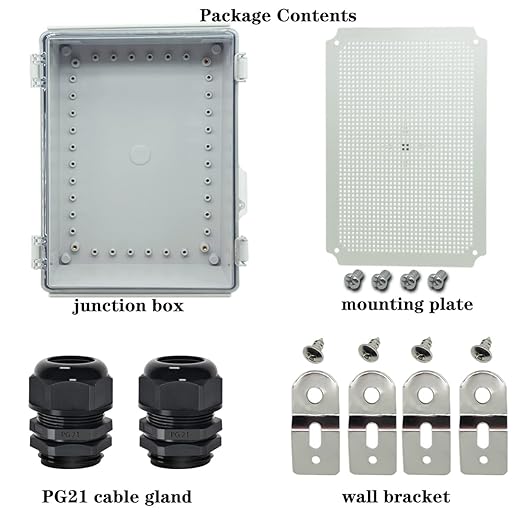 Zulkit Junction Box IP67 Waterproof Electrical Box Hinged Clear Cover Stainless Steel Latch Plastic Enclosure for Project w Mounting Plate Wall Bracket and 2 Cable Gland 13.8"x9.8"x5.9"/350x250x150mm - Image 5