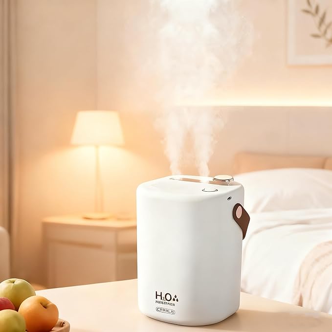 Quiet large capacity humidifier with dual nozzles, features a small night light, suitable for bedrooms and offices, Modern bedroom humidifier (White - Charging Model) by ACFBGFV