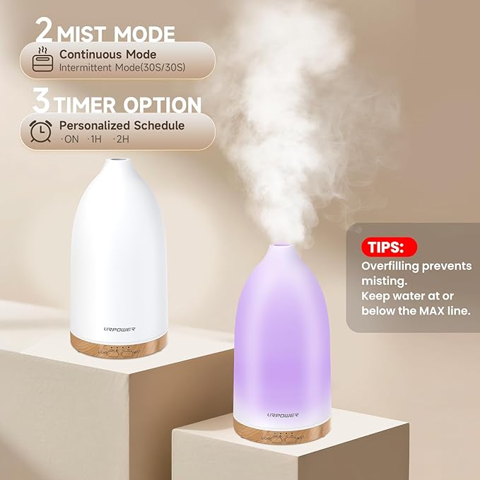 URPOWER Essential Oil Diffuser with 7 LED Color Changing Lights, Timer & Auto-Off - Ultrasonic Aromatherapy Fragrant Oil Humidifier Vaporizer Scent Diffusers for Home, Bedroom, Office, Yoga - Image 2