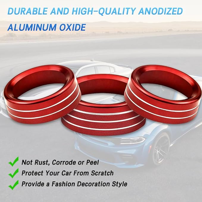 3PCS Air Conditioner Switch Button Knob Cover, Auto Accessories Climate Control Knob Covers, Aluminum Alloy Knob Ring Trim Cover Compatible with Dodge Challenger Durango 2015-2022 (Red) - Image 7