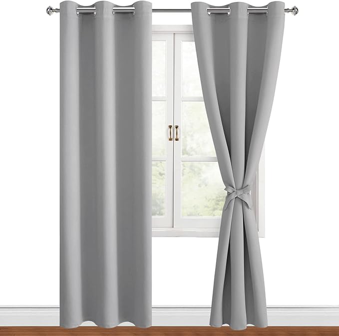 Hiasan Blackout Curtains for Bedroom, 42 x 84 Inches Long - Thermal Insulated & Light Blocking Window Curtains for Living Room, 2 Drape Panels Sewn with Tiebacks, Silver Grey by Hiasan